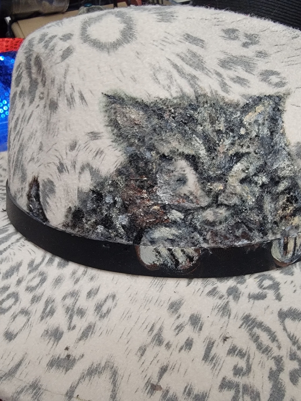 Hand Painted Sleepy Kitten On A Soft Felt Fedora
